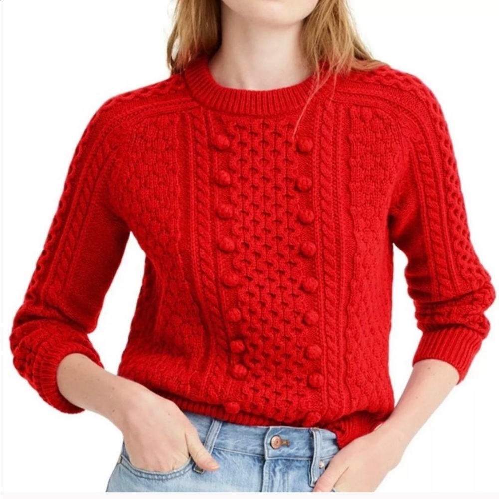 J Crew Red Wool Popcorn Knit Pom Pom Sweater XXS